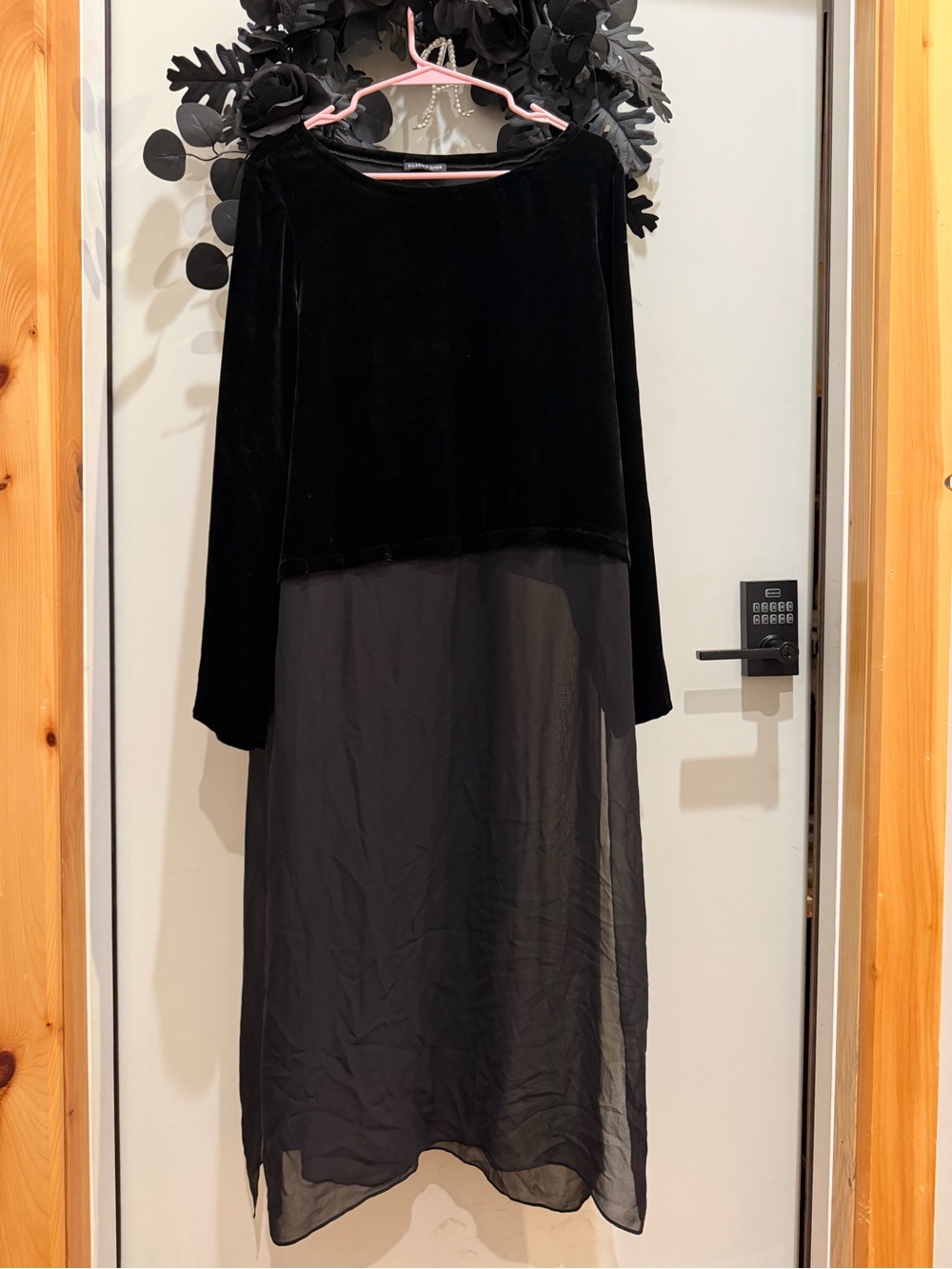 Eileen Fischer black velvet and silk dress Sz L, Side slits, Chic